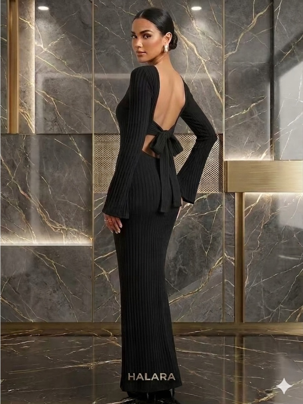 NWOT Black Ribbed Fitted Bell Bottom Long-Sleeve Maxi Dress backless party